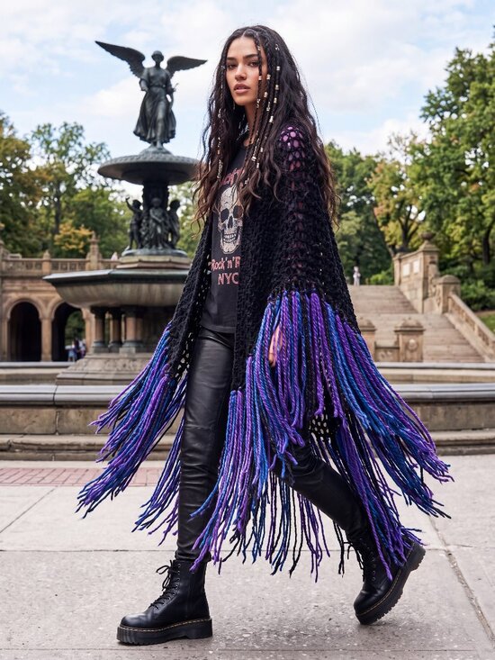 Handmade Sweaters - Boho Black with Royal Blue - Purple - Black Super Fringe Shawl